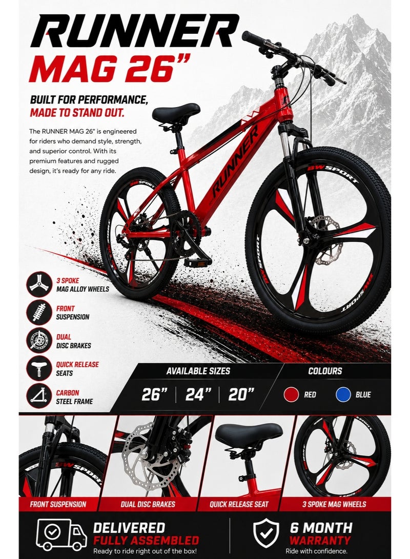 RUNNER MAG 26" Bicycle with 3-Spoke Mag Alloy Wheels, Dual Disc Brakes, Front Suspension, Carbon Steel Frame, Quick Release Seat, Fully Assembled - Image 2