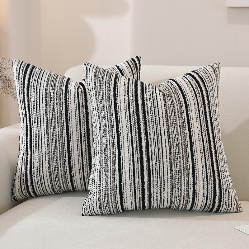 QDTTSRY Chenille Throw Decorative Pillow Covers 18x18 Set of 2, Textured Striped Boho Couch Pillow Covers, Cozy Neutral Farmhouse Cushion Cover for Couch Sofa Bedroom Living Room, Black - Image 1
