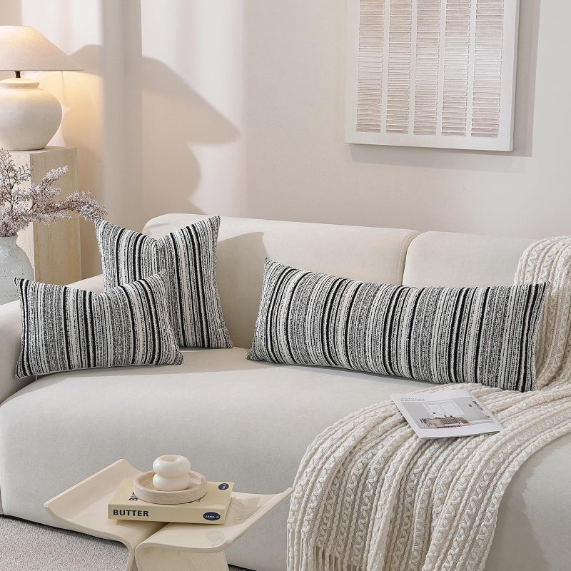 QDTTSRY Chenille Throw Decorative Pillow Covers 18x18 Set of 2, Textured Striped Boho Couch Pillow Covers, Cozy Neutral Farmhouse Cushion Cover for Couch Sofa Bedroom Living Room, Black - Image 3