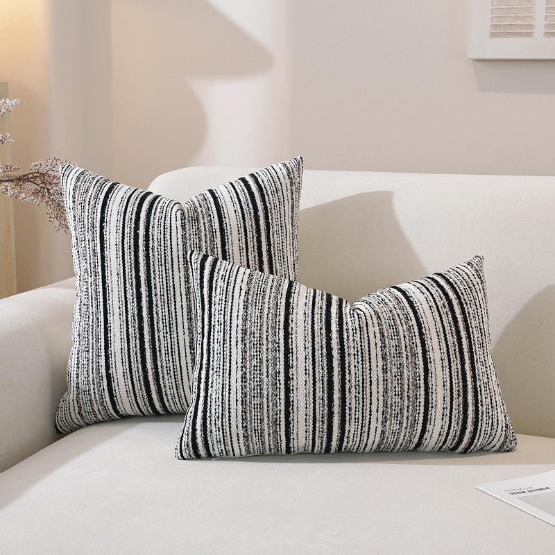 QDTTSRY Chenille Throw Decorative Pillow Covers 18x18 Set of 2, Textured Striped Boho Couch Pillow Covers, Cozy Neutral Farmhouse Cushion Cover for Couch Sofa Bedroom Living Room, Black - Image 2