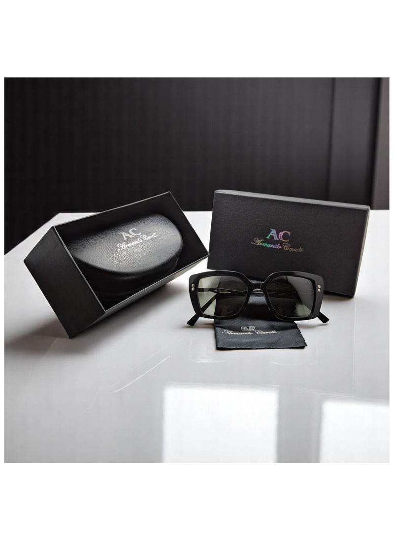 Armando Cavelli - Authentic Armando Cavelli sunglasses, crafted from carefully selected premium acetate for a luxurious look and longevity with extensive use. This model combines modernity and classic style, with a raw black acetate front and gunmetal -plated metal temples to complete your luxury look. Comes with premium polymer lenses offer UV400 protection in a gradient grey. - Image 1