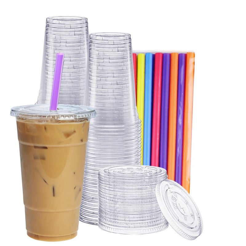 GUSTO 24 oz  100 Count Clear Cups with Flat Lids  Straws  Disposable Clear Drinking Cups for Iced Coffee Cold Drinks Milkshakes and Smoothies  Formerly Comfy Package