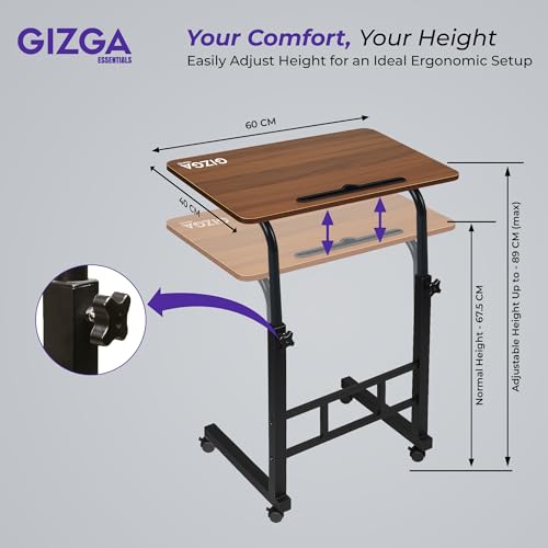 Gizga Essentials Gizga Premium Height Adjustable Laptop Table for WFH, Bed, Sofa, Office| Foldable & Portable MDF Wooden Desk| Ergonomic Trolley Table with Wheels Lock, Heavy Duty Rust Proof Metal Frame (Brown) - Image 3