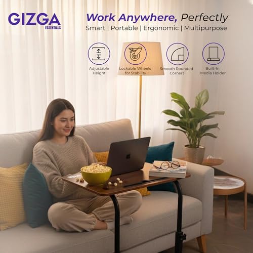 Gizga Essentials Gizga Premium Height Adjustable Laptop Table for WFH, Bed, Sofa, Office| Foldable & Portable MDF Wooden Desk| Ergonomic Trolley Table with Wheels Lock, Heavy Duty Rust Proof Metal Frame (Brown) - Image 2