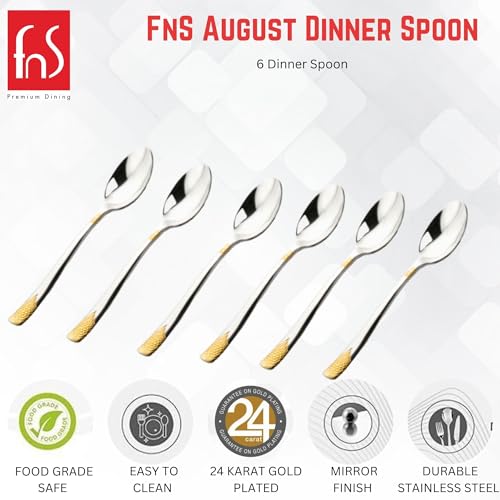 FnS August Stainless Steel 24 Karat Gold Plated Dessert Spoon | Ideal for Home, Restaurant and Kitchen |Elegant Design (Set of 6) - Image 2