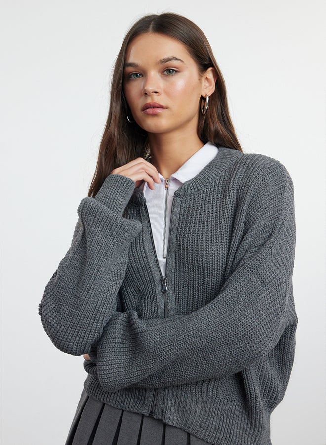 trendyol Anthracite Wide Pattern Bomber Collar Zippered Knitwear Cardigan - Image 2