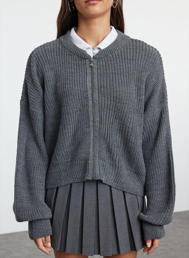 trendyol Anthracite Wide Pattern Bomber Collar Zippered Knitwear Cardigan - Image 4
