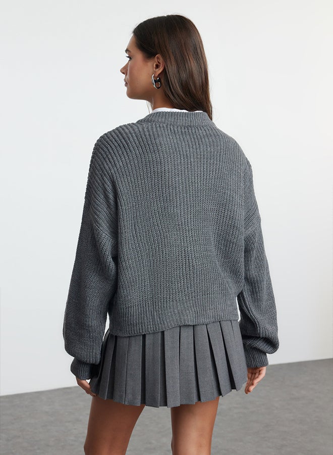 trendyol Anthracite Wide Pattern Bomber Collar Zippered Knitwear Cardigan - Image 5