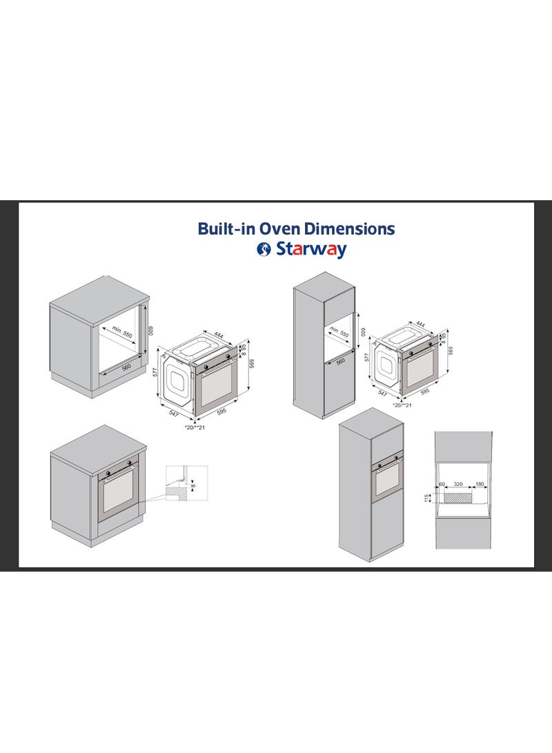 Starway 72 Lt 60x60cm 7 Cooking Programs Black Panel Built In Oven, Grill , Up & Down Heating, Cooling Fan, Digital Screen, Tray + Stand Included - Image 3