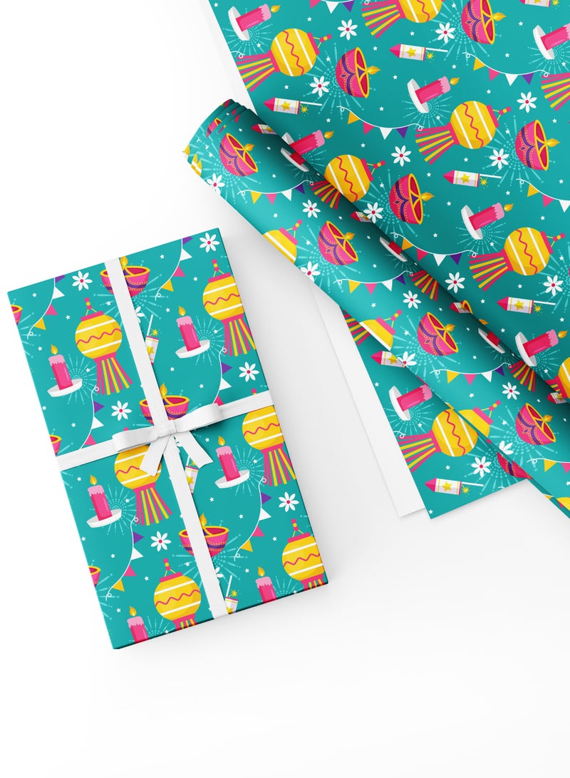 Share the Love Gift Wrapping Paper Pack – 4 Sheets (50 × 70 cm Each), Teal Festive Design with Diyas, Candles & Lanterns – Premium Wrapping Paper for Diwali, Birthdays & Celebrations - Image 1