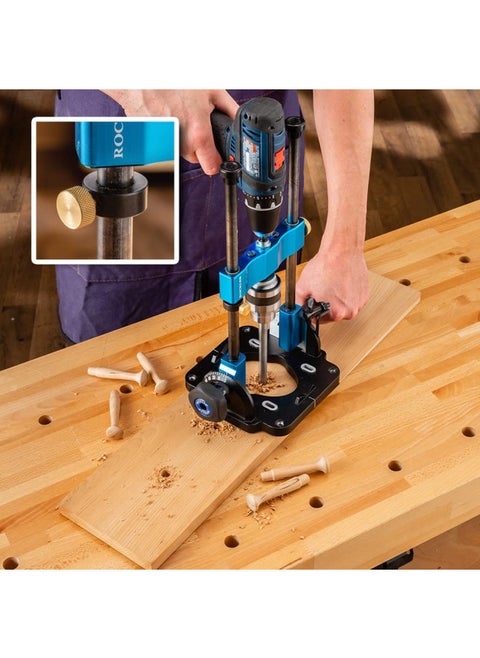 Rockler Drill Guide w/Chuck Key - Full-Size Drill Press Accessories for Small Shops - 0° to 60° Angle Drill Guide w/Easy-to-Read Protractor Scale - Self-Centering Portable Drill Guide