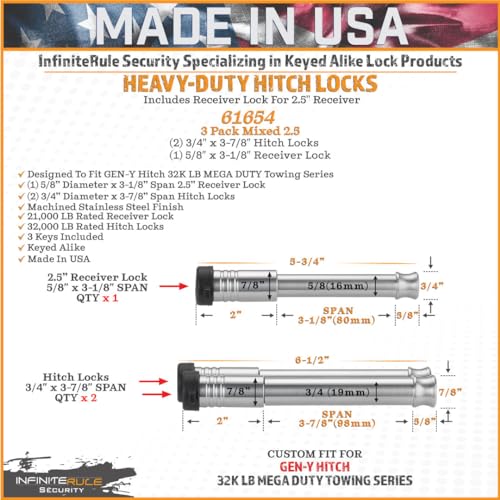 InfiniteRule Security 61654 | 3 Pack Mixed 2.5, Keyed Alike, Hitch Locks for Gen-Y Hitch Mega Duty 32K LB Series - Includes Lock for 2.5" Receiver - Image 4