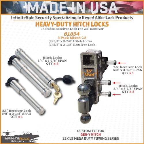 InfiniteRule Security 61654 | 3 Pack Mixed 2.5, Keyed Alike, Hitch Locks for Gen-Y Hitch Mega Duty 32K LB Series - Includes Lock for 2.5" Receiver - Image 3