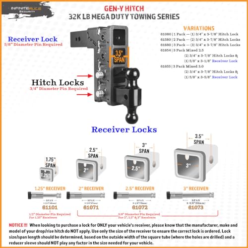 InfiniteRule Security 61654 | 3 Pack Mixed 2.5, Keyed Alike, Hitch Locks for Gen-Y Hitch Mega Duty 32K LB Series - Includes Lock for 2.5" Receiver - Image 2