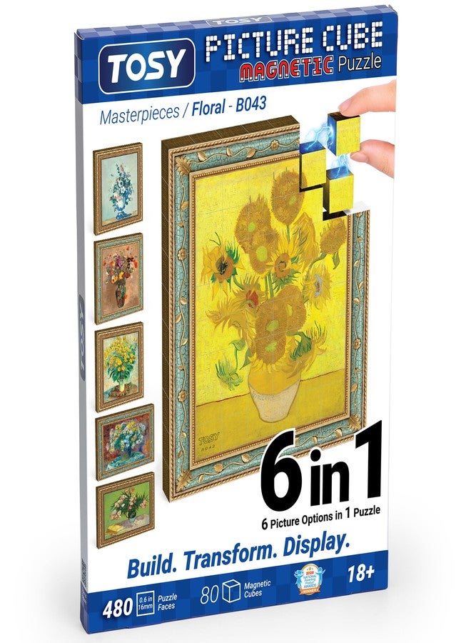 TOSY Picture Cube Floral Masterpieces: 6-in-1 Magnetic Picture Puzzle, 80 Blocks, 488 Faces/Magnets, 0.6in, B043, Seamless UV Art, Display-Ready Frame, Collectible, STEM/STEAM Gift for Kids & Adults - Image 1