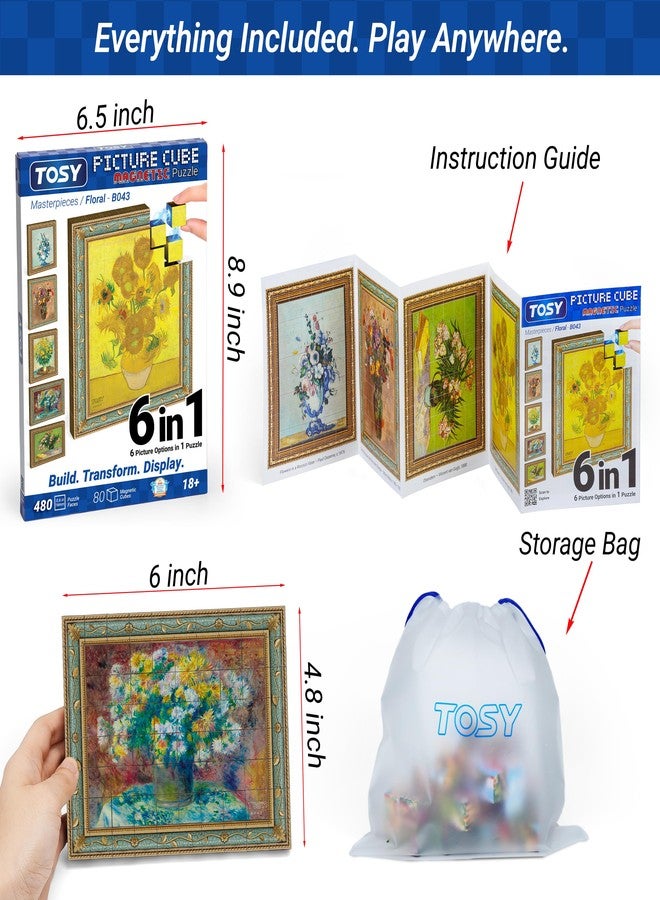 TOSY Picture Cube Floral Masterpieces: 6-in-1 Magnetic Picture Puzzle, 80 Blocks, 488 Faces/Magnets, 0.6in, B043, Seamless UV Art, Display-Ready Frame, Collectible, STEM/STEAM Gift for Kids & Adults - Image 3