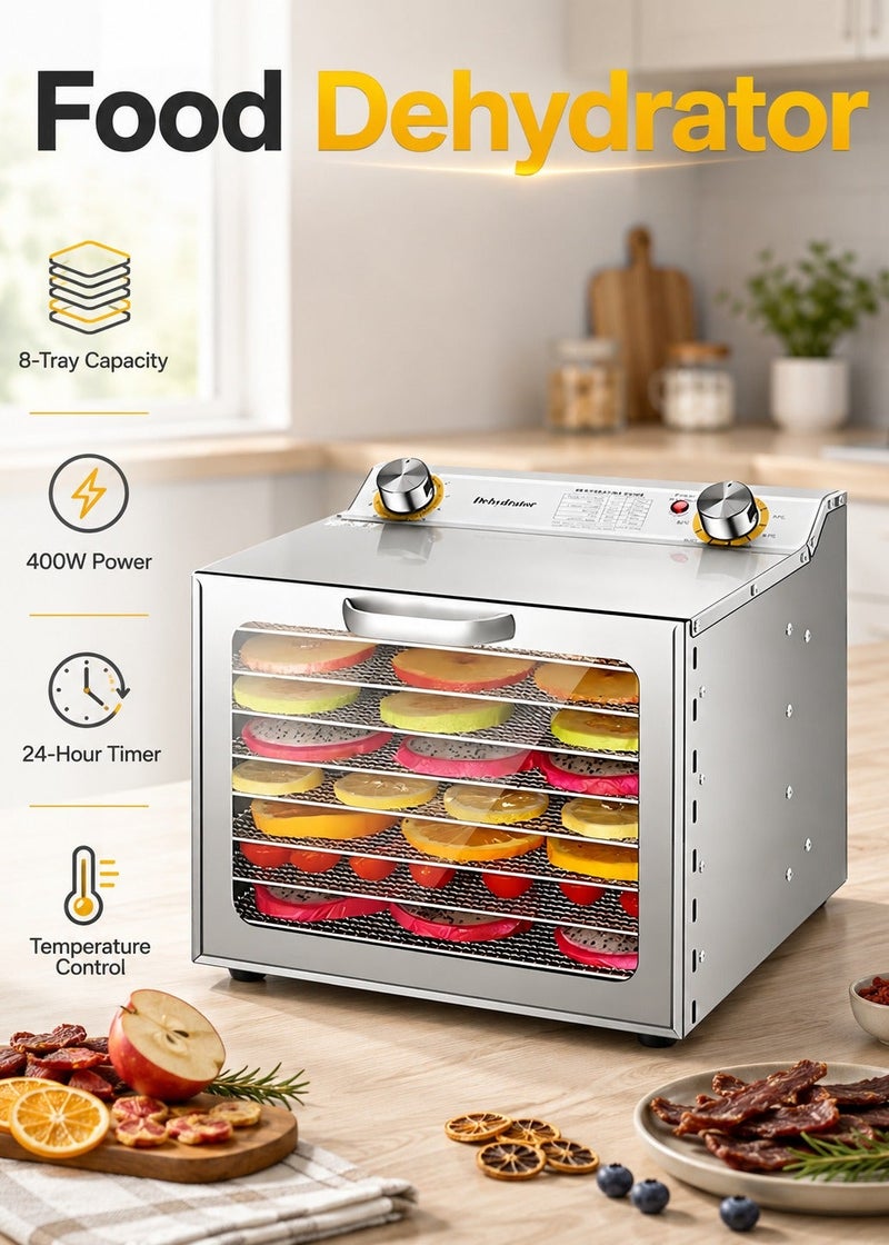 WALALLA Food Dehydrator Machine with 8 Stainless Steel Trays, 400W Electric Food Dryer with 1–12 Hour Timer, 30–90°C Temperature Control and Glass Viewing Door for Fruit, Vegetables, Herbs, Meat and Dog Treats - Image 1