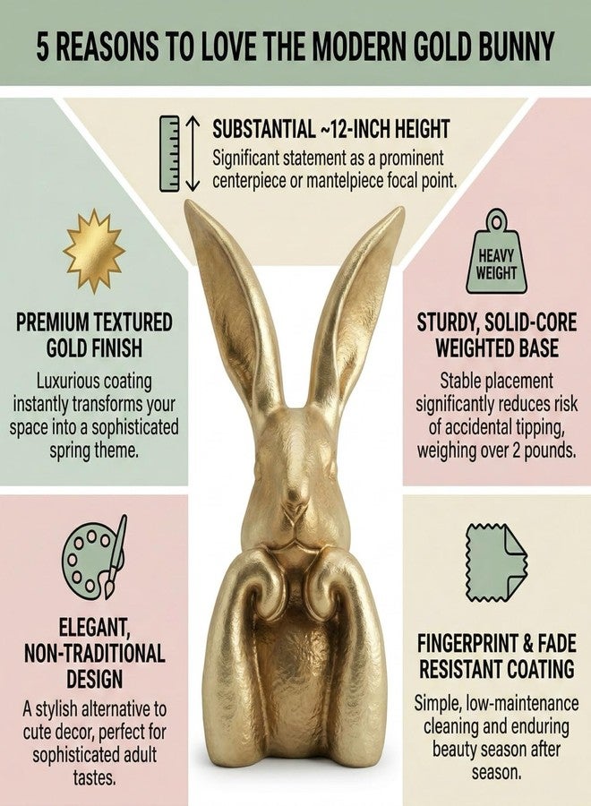 Pure Compression Easter Bunny Decor for Home - Gold Brass Thinking Bunnies Figurines Statues Home Decor - Spring Decorative Rabbits - Image 2