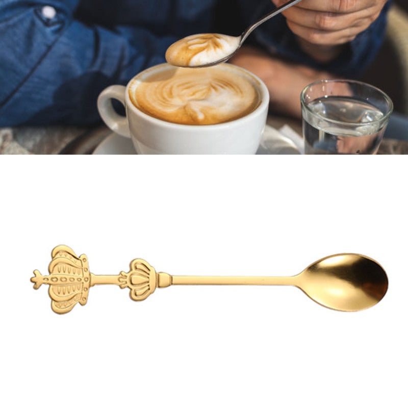 Crown Spoon Stainless Steel Double Crown Design Creative Coffee Spoon - Golden Color Multifunctional Stirring Spoon for Tea Ice Cream Dessert - Image 1