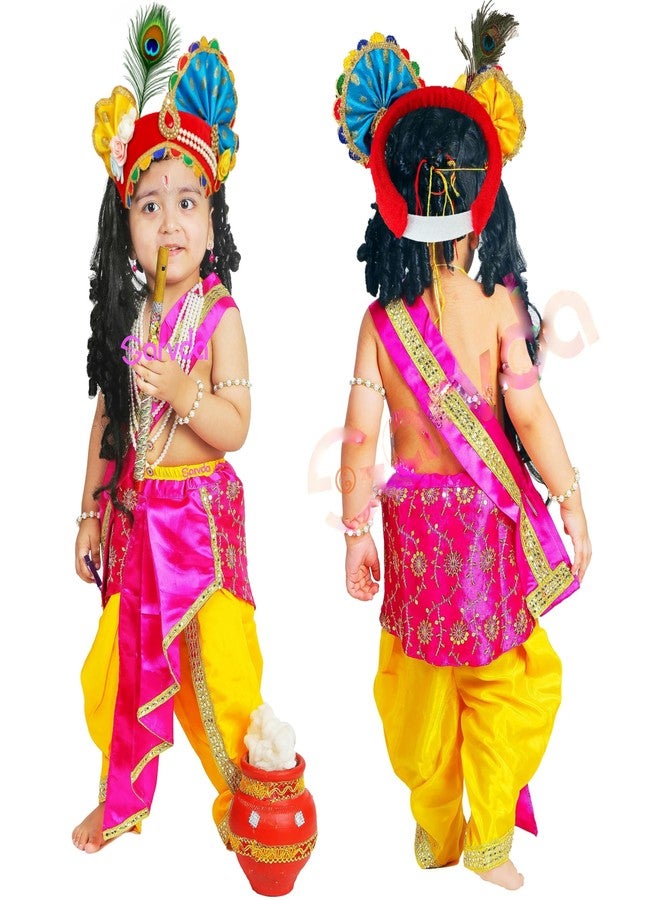 Sarvda Krishna Dress for Baby Boy Baby Girl | Janmashtami Dress | Kids Kanha Ji Accessories | Mor Pankh Dhoti Bansuri Complete Set - Image 1
