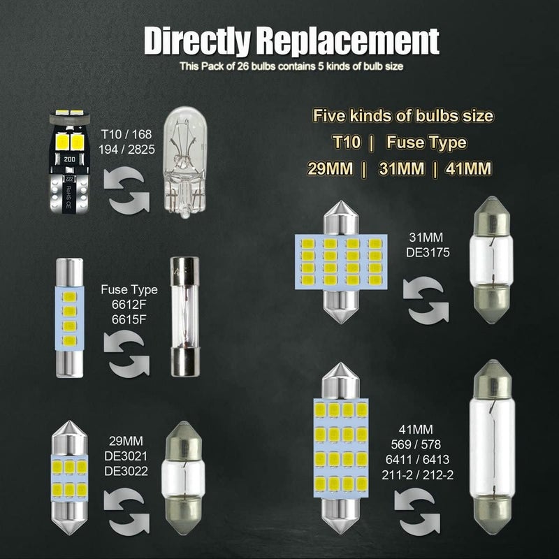EBAIFUN 26-Pack 6000K White 12V LED Bulb Kit for Car and Truck Interior Lighting - Image 3