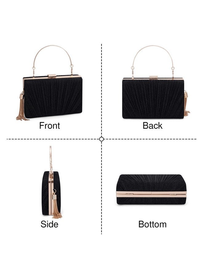 Gets Gets Tassel Womens Evening Handbag Small Pleated Clutch Purses for Formal Wedding Party Purse with Top Handle and Chain(Black) - Image 2