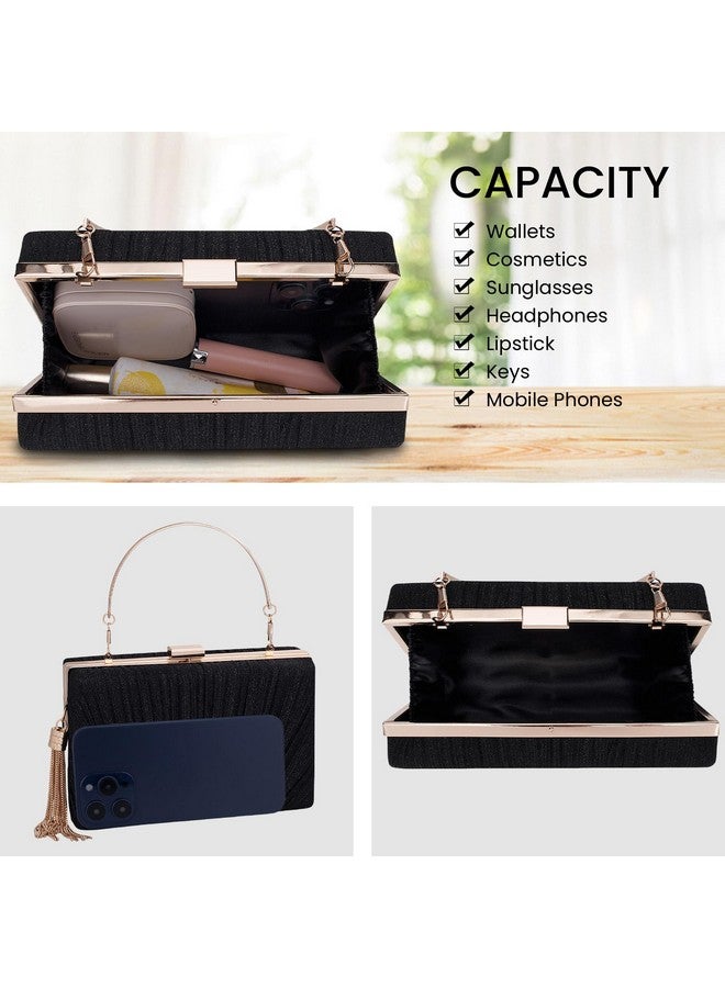 Gets Gets Tassel Womens Evening Handbag Small Pleated Clutch Purses for Formal Wedding Party Purse with Top Handle and Chain(Black) - Image 4