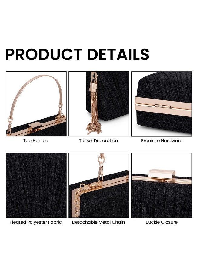 Gets Gets Tassel Womens Evening Handbag Small Pleated Clutch Purses for Formal Wedding Party Purse with Top Handle and Chain(Black) - Image 3