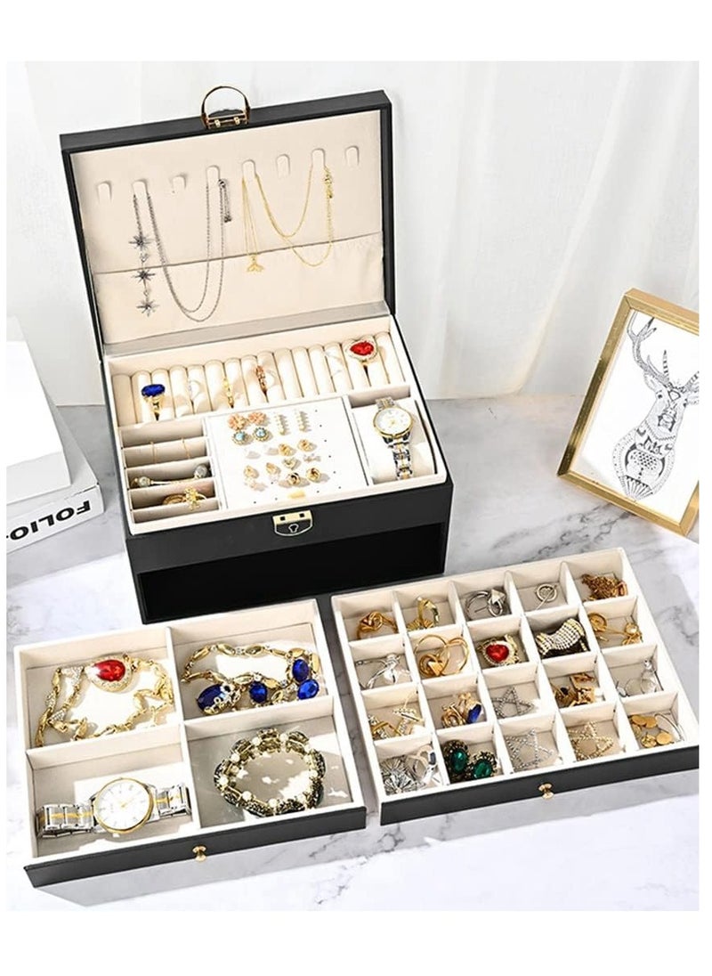 URbazaar Vintage Jewelry Organizer Box for Birthday Gift, Large PU Leather Earring Organizer Holder with 3 layers of the drawer for Ring and Necklace-Black  - Image 2
