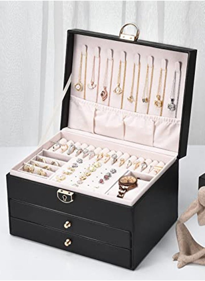 URbazaar Vintage Jewelry Organizer Box for Birthday Gift, Large PU Leather Earring Organizer Holder with 3 layers of the drawer for Ring and Necklace-Black  - Image 5