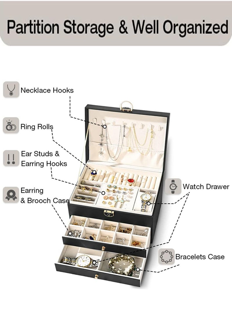 URbazaar Vintage Jewelry Organizer Box for Birthday Gift, Large PU Leather Earring Organizer Holder with 3 layers of the drawer for Ring and Necklace-Black  - Image 4