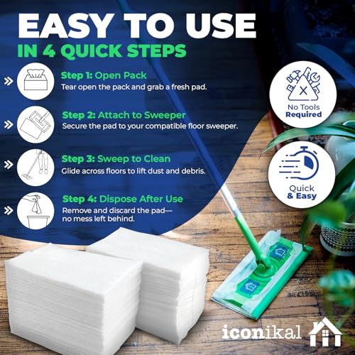 Iconikal إعادة تعبئة وسادات الممسحة الجافة Iconikal (90 حزمة) | تناسب مناشف المسح الجاف Swiffer للأوساخ والغبار والشعر | استخدم لإعادة تعبئة وسادات Swiffer | وسادات ممسحة غير معطرة وقابلة للتخلص منها للمسح والتنظيف والغبار، 11.5 بوصة × 8 بوصة - Image 4