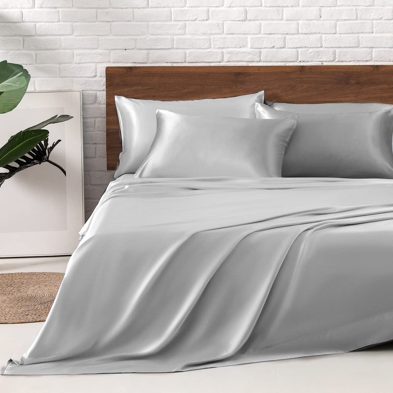 MRHM Satin Bed Sheets Queen Size Sheets Set 6 Pcs Silky Bedding Set with 15 Inches Deep Pocket for Mattress Queen Silver Grey