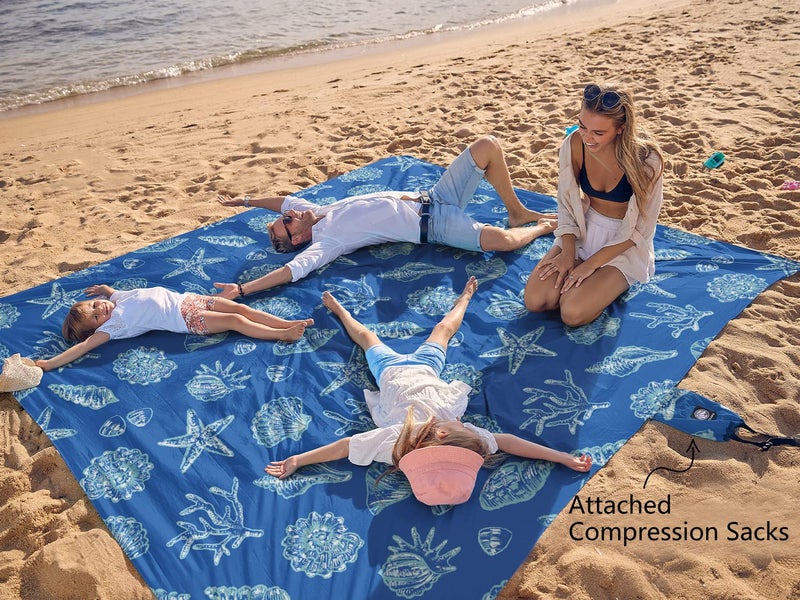 WEKAPO Beach Blanket Waterproof Sandproof Oversized, Extra Large Beach Mat Sand Free, Lightweight & Compact Sand Free Mat with 6 Stakes & 4 Corner Pockets (Blue Sea Shells, 8 x 7 FT (1ï½ž4 Person)) - Image 3