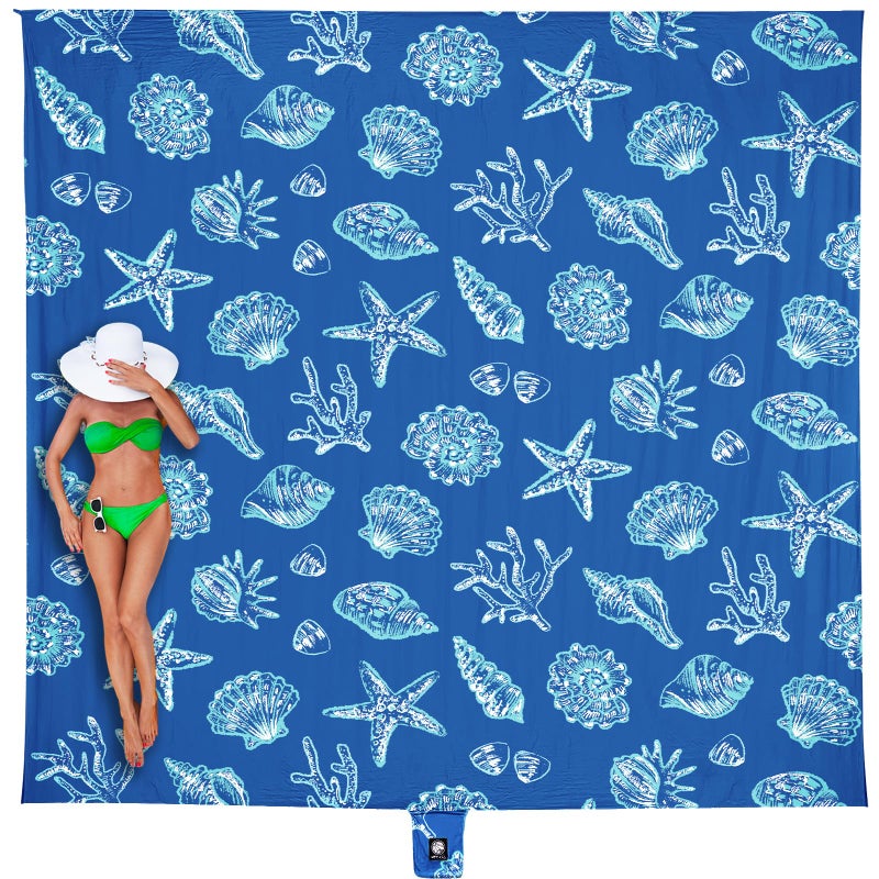 WEKAPO Beach Blanket Waterproof Sandproof Oversized, Extra Large Beach Mat Sand Free, Lightweight & Compact Sand Free Mat with 6 Stakes & 4 Corner Pockets (Blue Sea Shells, 8 x 7 FT (1ï½ž4 Person)) - Image 1