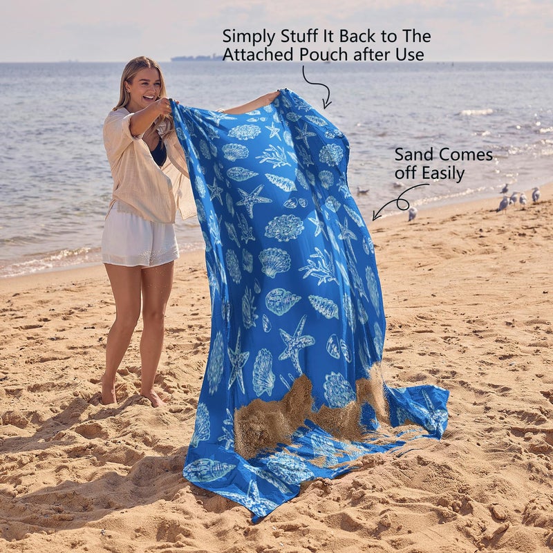 WEKAPO Beach Blanket Waterproof Sandproof Oversized, Extra Large Beach Mat Sand Free, Lightweight & Compact Sand Free Mat with 6 Stakes & 4 Corner Pockets (Blue Sea Shells, 8 x 7 FT (1ï½ž4 Person)) - Image 5
