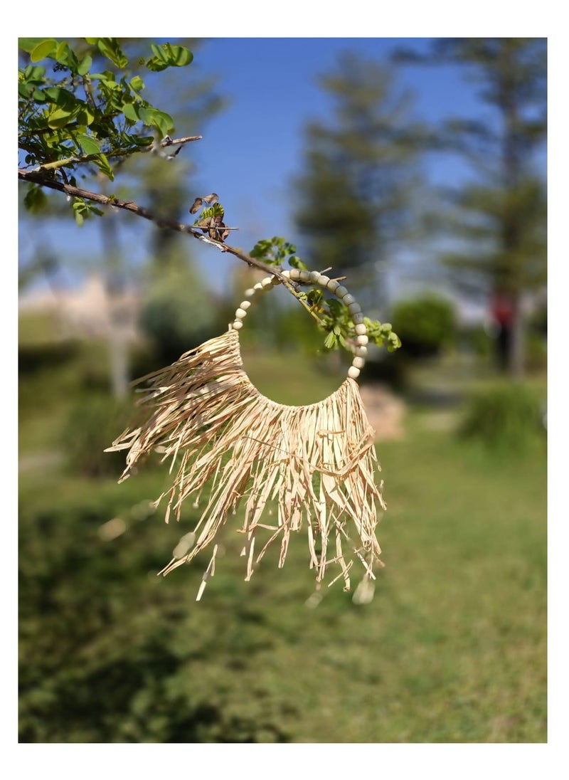 Boho - Large Natural Straw Wall with Wooden Beads - Natural Decor 30cm - Image 1