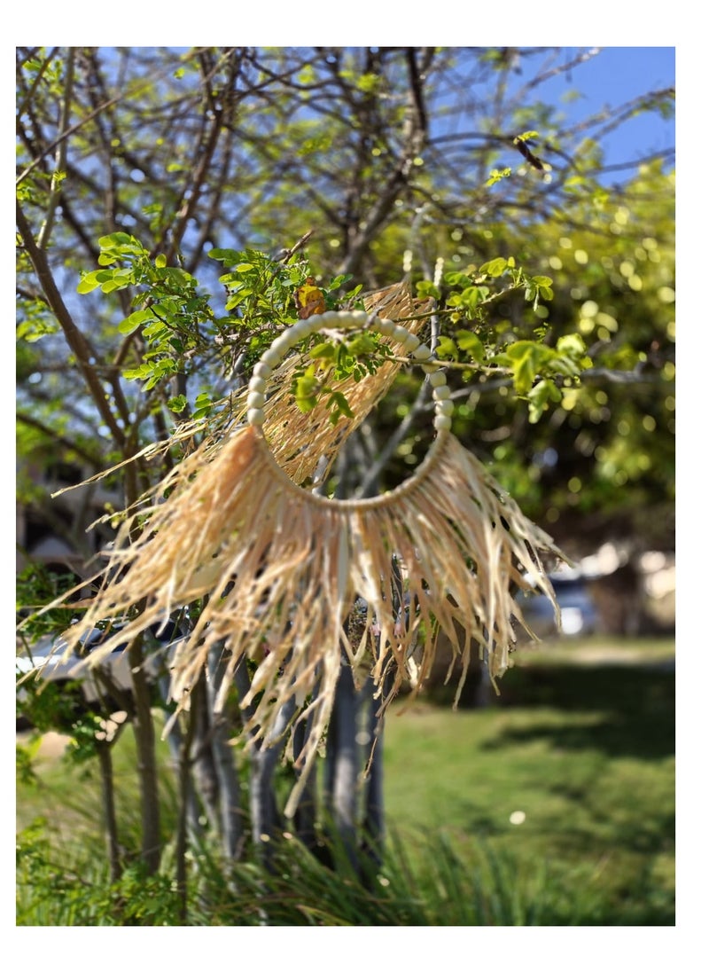 Boho - Large Natural Straw Wall with Wooden Beads - Natural Decor 30cm - Image 1