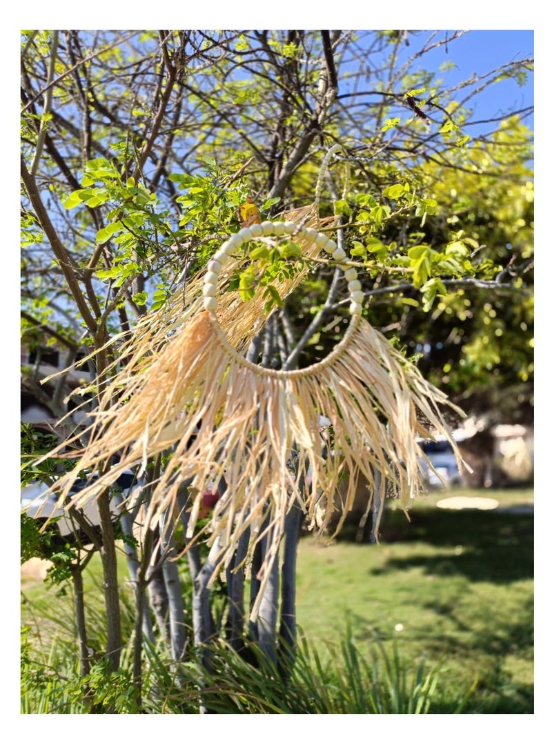 Boho - Large Natural Straw Wall with Wooden Beads - Natural Decor 30cm - Image 1