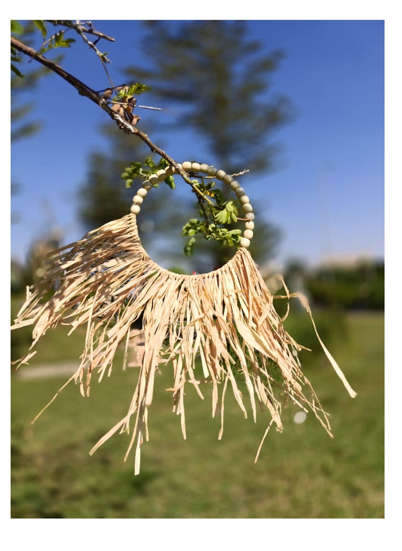 Boho - Large Natural Straw Wall with Wooden Beads - Natural Decor 30cm - Image 1