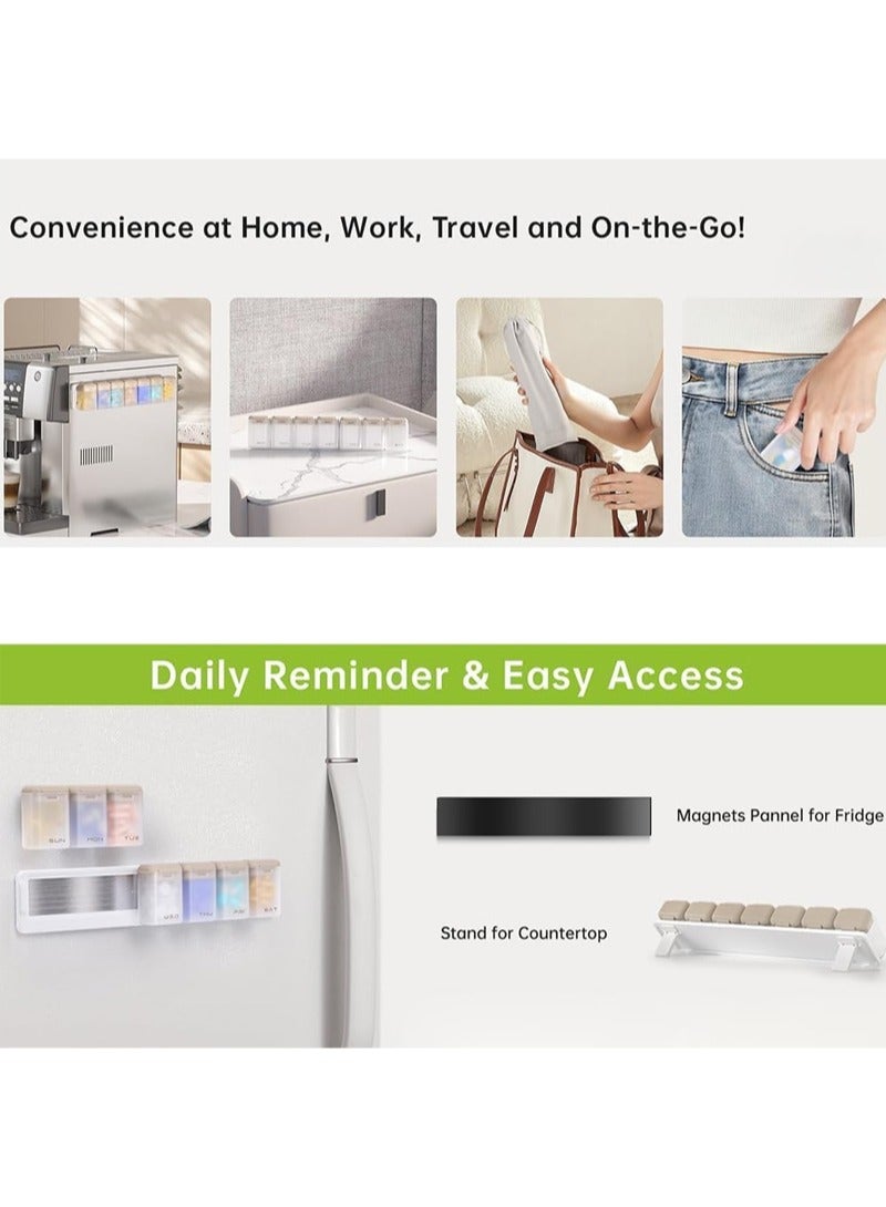 لبونير منظم حبوب السفر الأسبوعي، خالٍ من مادة BPA، يكفي لمدة 7 أيام، مرة واحدة يوميًا، يتميز بتصميم مغناطيسي فريد مع علبة حبوب كبيرة السعة لتخزين الفيتامينات وزيت كبد الحوت والمكملات الغذائية والأدوية - Image 3