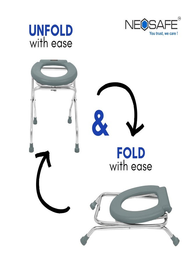NEOSAFE Stainless Steel Folding Shower Chair, Toilet Chair, Commod Chair, for Indian Toilet for Elderly Disabled Man, Women and Pregant Women with Anti-Slip Rubber Bush(Grey)(80Kg Weight Capacity) - Image 4