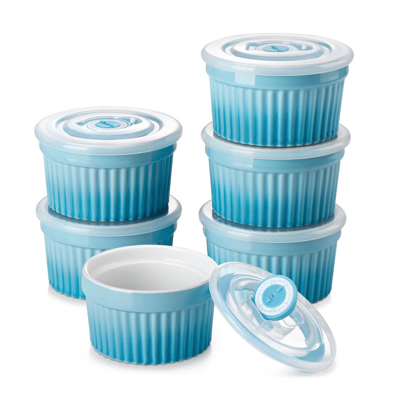 vancasso Ramekins with Lids 6 x 200 ml Porcelain Ramekins and Soufflé Moulds, Creme Brulee Ramekin for Muffin and Cake, Ramekin Oven for Cream, Sauce, Fruit, Diameter 9.5 cm - Blue - Image 1
