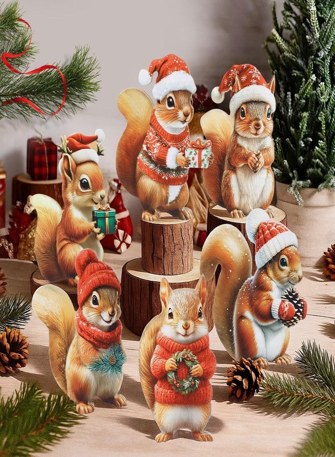 DoubleFill مجموعة دبل فيل المكونة من 6 قطع من تماثيل السناجب الخشبية لتزيين طاولة عيد الميلاد، حيوانات الغابة، قطعة مركزية ريفية لعيد الميلاد الشتوي، مناسبة للطاولة، صينية متعددة الطبقات، المدفأة، المكتب، ديكور داخلي مستوحى من الغابة، هدية - Image 1