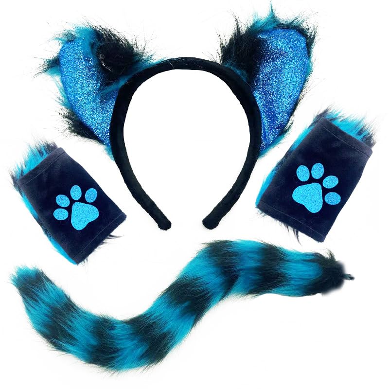 GREUS Cat Wolf Fox Tail Faux Fur Ear Headband and Paw Gloves Set for Adult Children Halloween Christmas Fancy Party Costume Gifts Animal Cosplay Accessories (Blue-Black) - Image 4