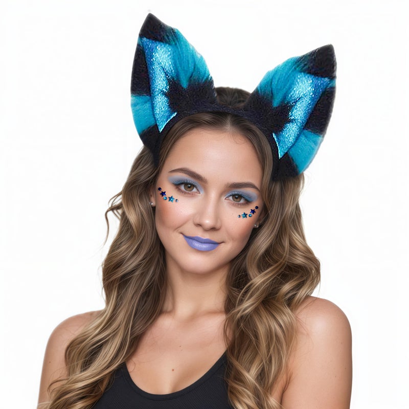 GREUS Cat Wolf Fox Tail Faux Fur Ear Headband and Paw Gloves Set for Adult Children Halloween Christmas Fancy Party Costume Gifts Animal Cosplay Accessories (Blue-Black) - Image 2