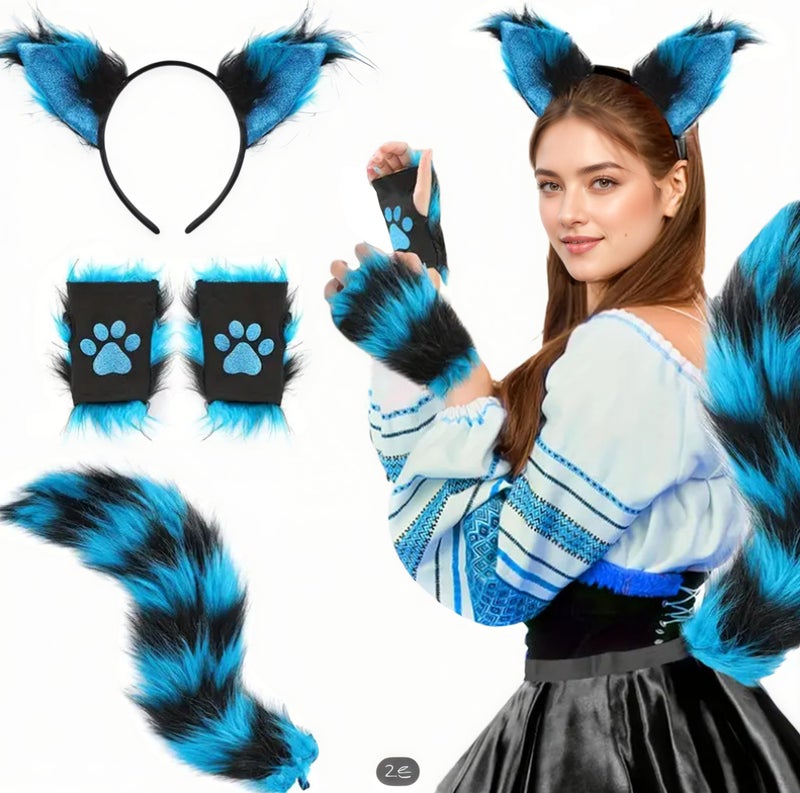 GREUS Cat Wolf Fox Tail Faux Fur Ear Headband and Paw Gloves Set for Adult Children Halloween Christmas Fancy Party Costume Gifts Animal Cosplay Accessories (Blue-Black) - Image 3