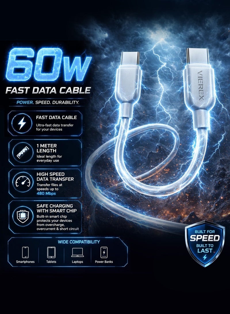 Vierex VC-3 Type-C to Type-C Fast Charging Data Cable 60W Power Delivery USB C Charger Cable, 1M - Image 2