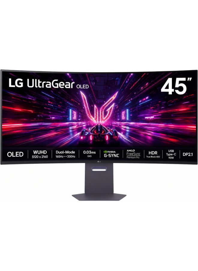 45 inch Ultragear 5K2K WUHD (5120 x 2160) OLED Curved Gaming Monitor, Dual-Mode, 165Hz, 0.03ms, NVIDIA G-Sync, AMD FreeSync Premium Pro, HDR True Black 400, USB Type-C 90W, DP2.1, 45GX950A-B Black