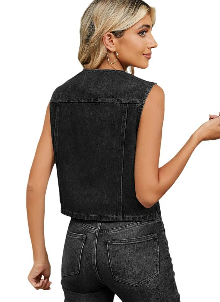 يونيكي Grey Plain Regular Fit Sleeveless Denim Jacket